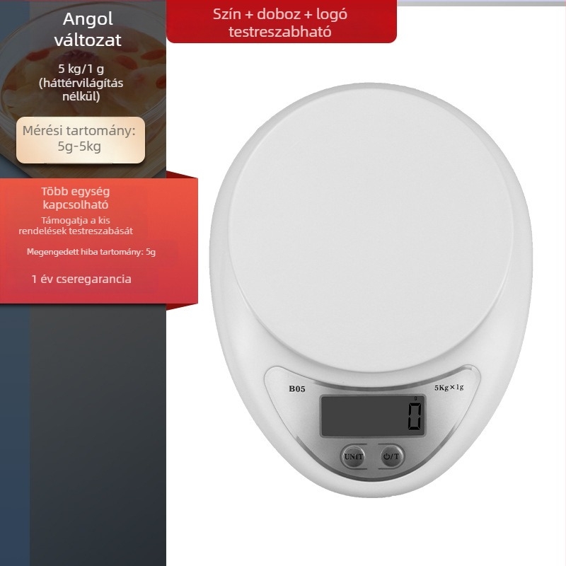 B05 Konyhai digitális mérleg, 5 kg kapacitás, 1 g pontosság – kompakt grammérleg sütéshez