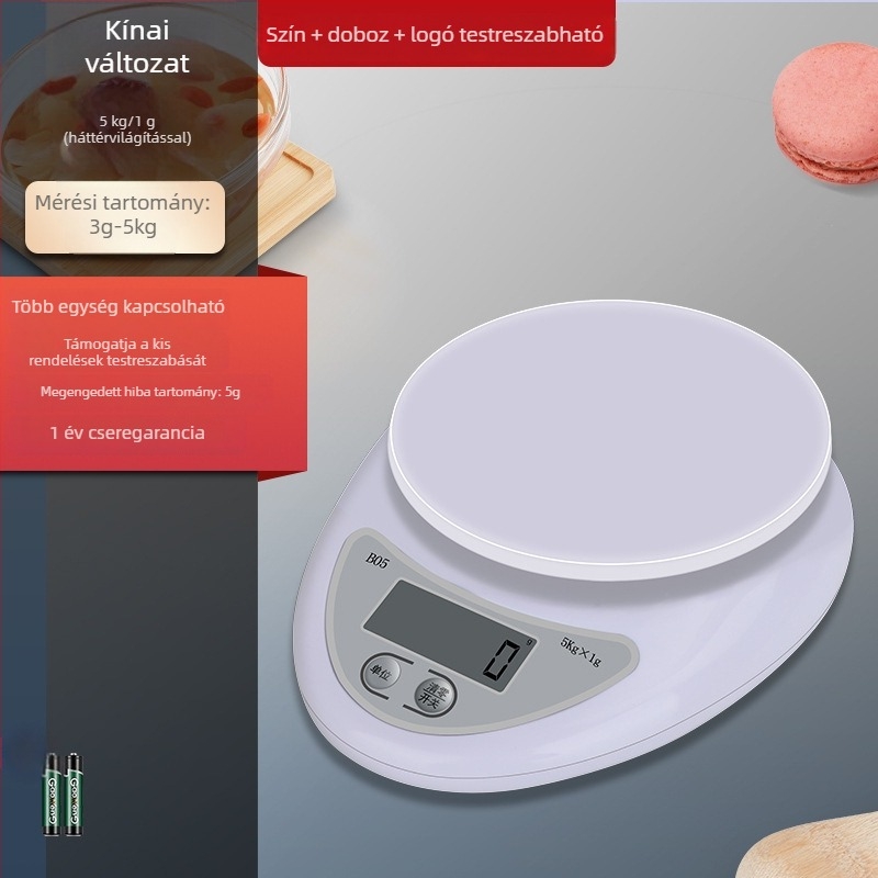 B05 Konyhai digitális mérleg, 5 kg kapacitás, 1 g pontosság – kompakt grammérleg sütéshez