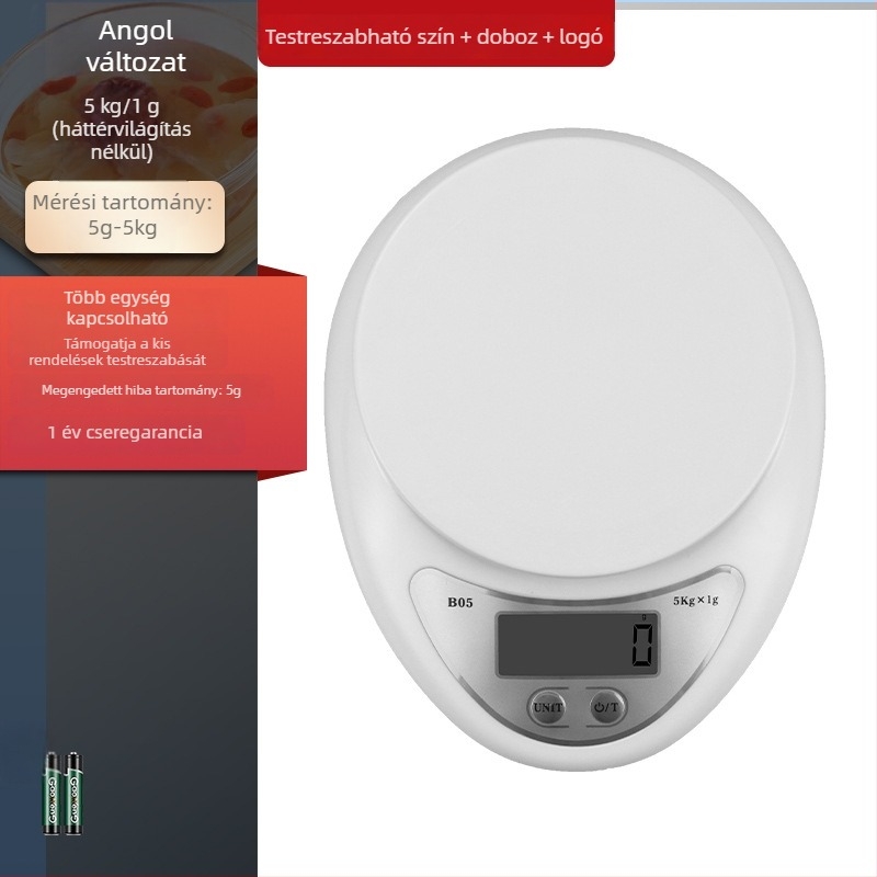 B05 Konyhai digitális mérleg, 5 kg kapacitás, 1 g pontosság – kompakt grammérleg sütéshez