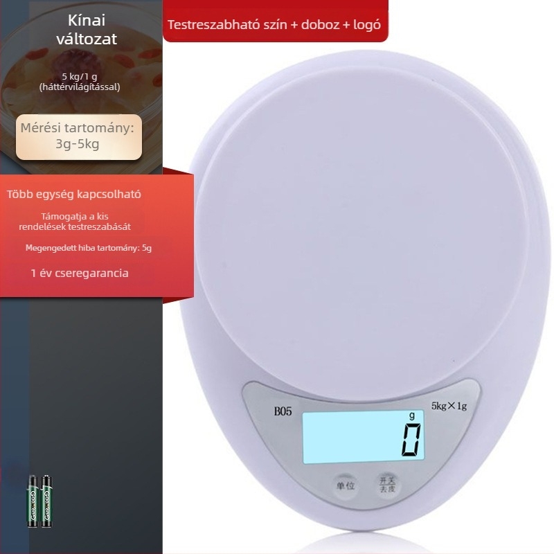 B05 Konyhai digitális mérleg, 5 kg kapacitás, 1 g pontosság – kompakt grammérleg sütéshez