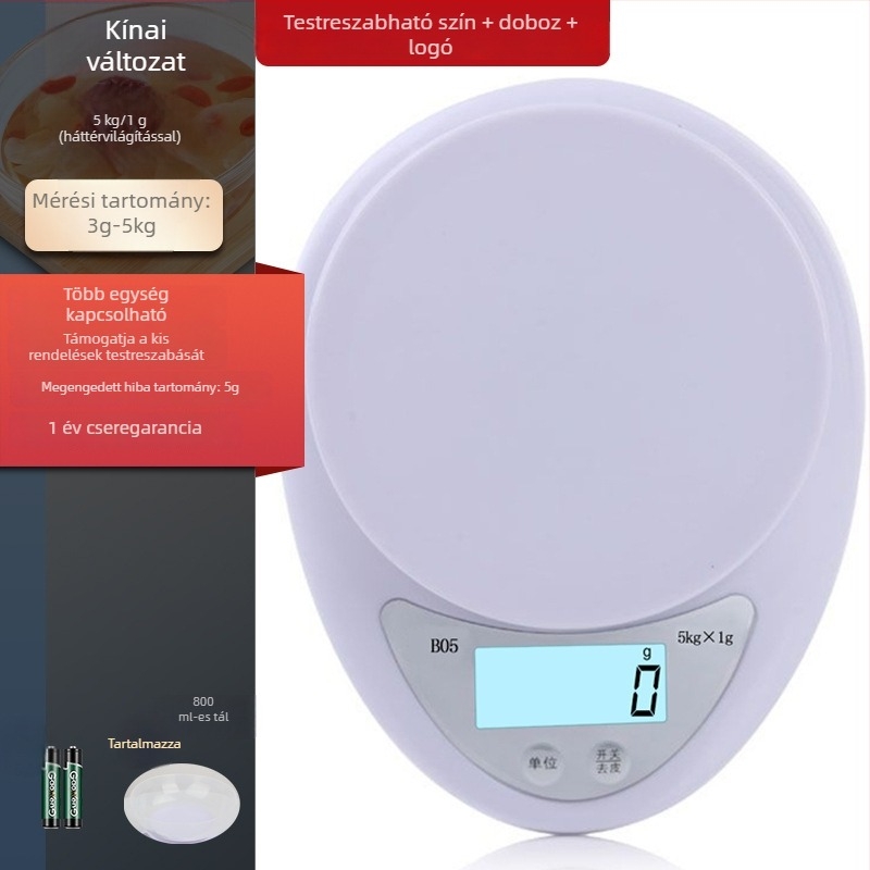 B05 Konyhai digitális mérleg, 5 kg kapacitás, 1 g pontosság – kompakt grammérleg sütéshez