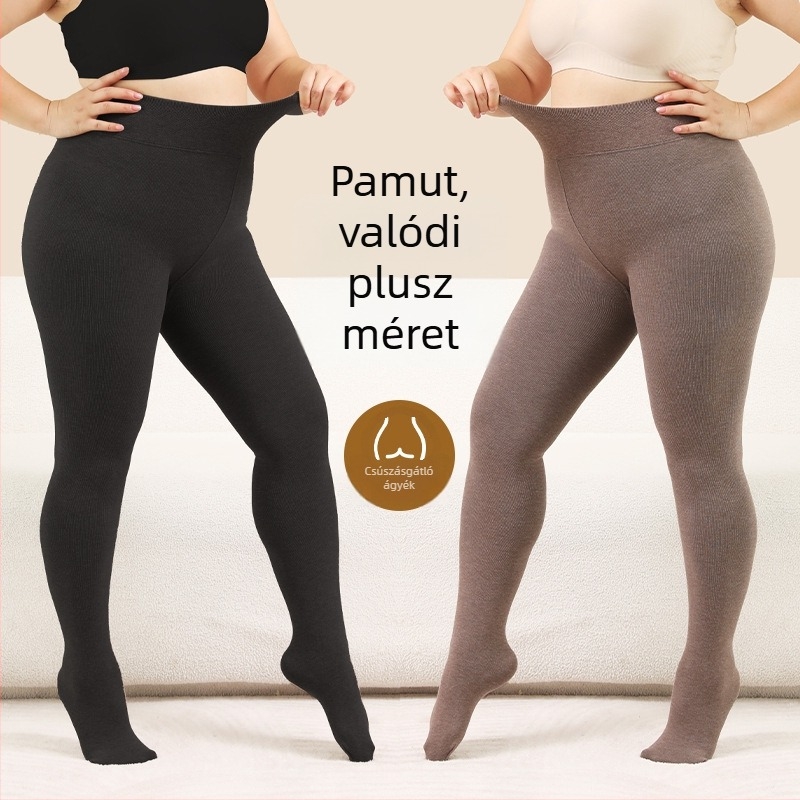 Női plusz méretű szürke fleece-béléssel ellátott harisnyanadrág, őszi-téli időszakra, függőleges csíkokkal, átlátszatlan, formázó kompresszió