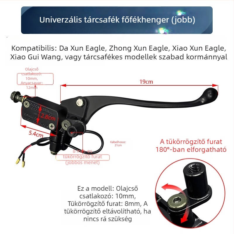 Elektromos motorkerékpár tárcsafék pumpa – univerzális módosítás, 8 mm-es tömlőcsatlakozó, 10 mm-es alumíniumötvözet, érzékeny kioldó kapcsoló