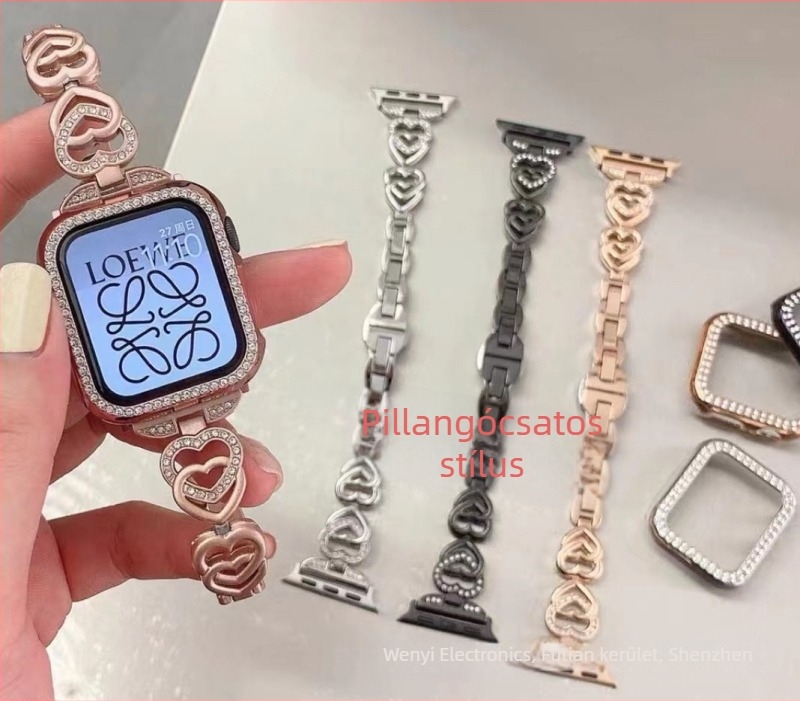 Fém szívlánc óraszíj, 22 mm, kompatibilis Apple Watch, Huawei és Samsung készülékekhez, nőknek