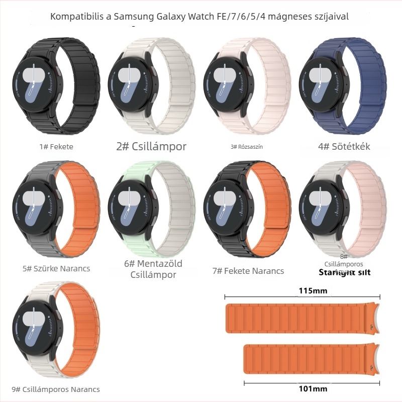 Samsung Galaxy Watch7 FE/6/5/4-hez szilikon szíj, mágneses csattal, UV-védett, kiváló minőségű, 20 mm szélességű.