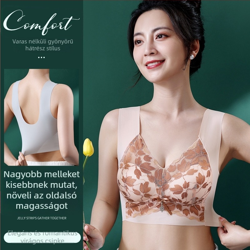 Nagy méretű csipkés seamless push-up melltartó nagy mellekhez, hátrészt támogató dizájn, kiemeli és formálja a oldalsó melleket, női fehérnemű