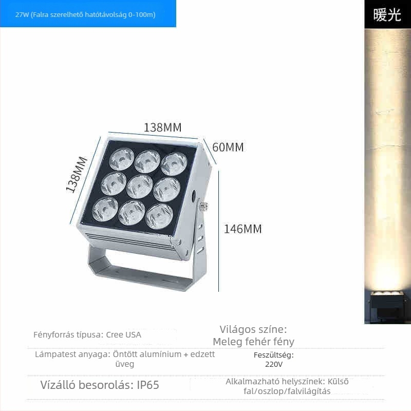 LED kültéri vízálló falikar vetítő lámpa IP65, nagy fényerő, homlokzati megvilágítás