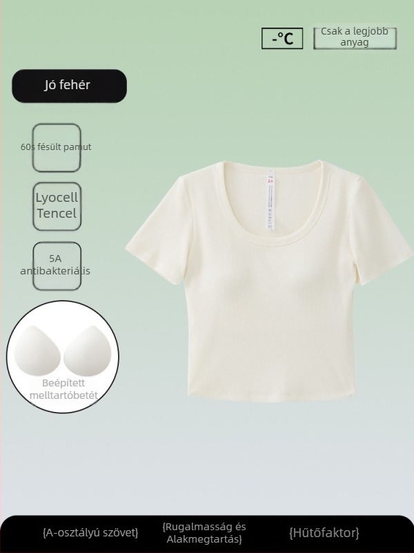 Női antibakteriális rövid ujjú T-shirt, Tencel-pamut keverék, egyszínű, kerek nyakú, karcsú szabás, nyári top