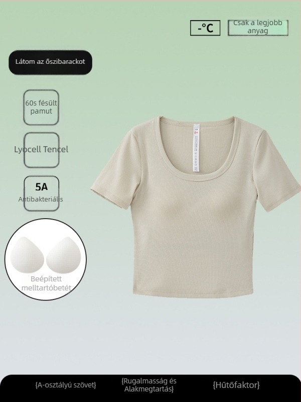 Női antibakteriális rövid ujjú T-shirt, Tencel-pamut keverék, egyszínű, kerek nyakú, karcsú szabás, nyári top