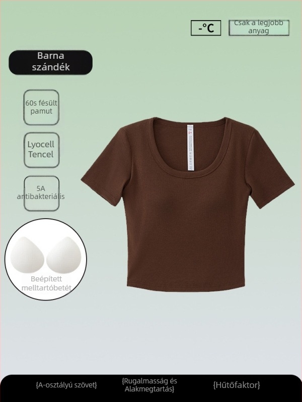 Női antibakteriális rövid ujjú T-shirt, Tencel-pamut keverék, egyszínű, kerek nyakú, karcsú szabás, nyári top