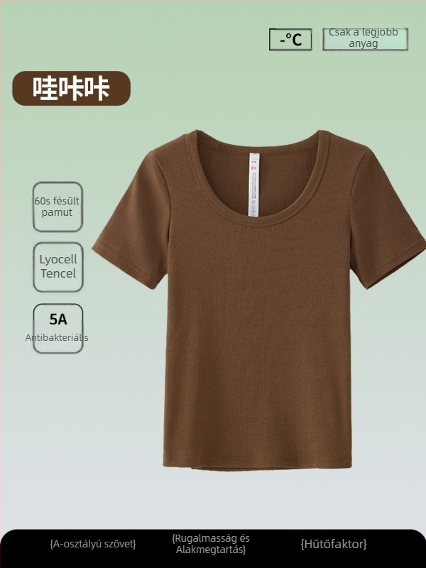 Női antibakteriális rövid ujjú T-shirt, Tencel-pamut keverék, egyszínű, kerek nyakú, karcsú szabás, nyári top