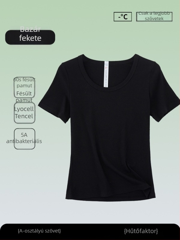 Női antibakteriális rövid ujjú T-shirt, Tencel-pamut keverék, egyszínű, kerek nyakú, karcsú szabás, nyári top