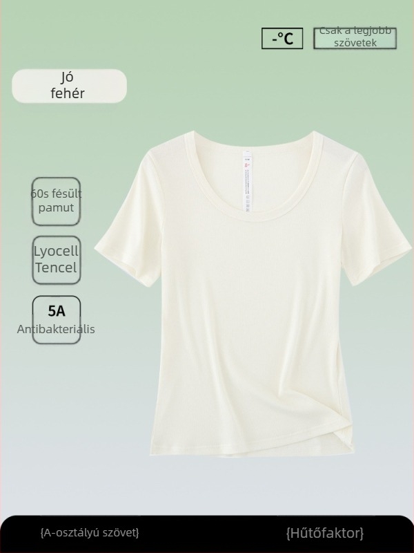Női antibakteriális rövid ujjú T-shirt, Tencel-pamut keverék, egyszínű, kerek nyakú, karcsú szabás, nyári top