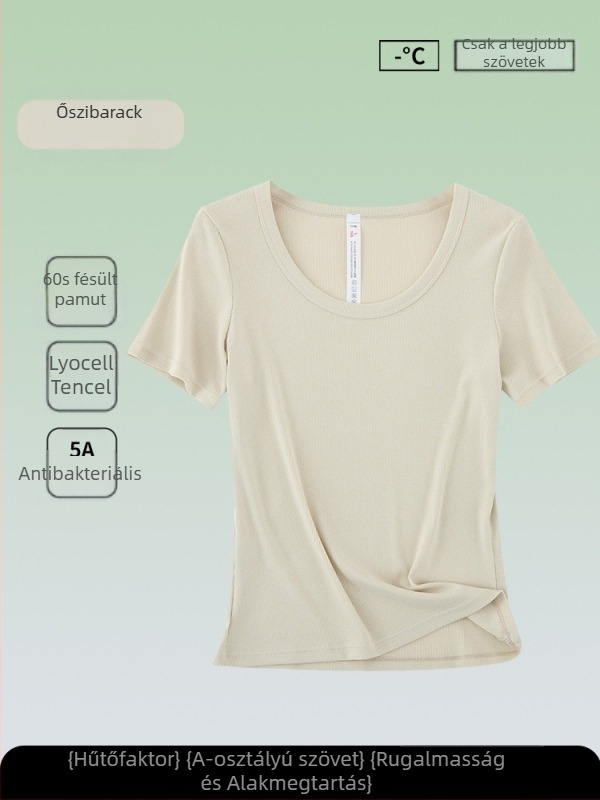 Női antibakteriális rövid ujjú T-shirt, Tencel-pamut keverék, egyszínű, kerek nyakú, karcsú szabás, nyári top