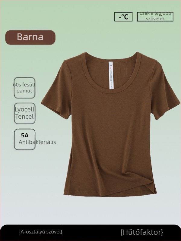 Női antibakteriális rövid ujjú T-shirt, Tencel-pamut keverék, egyszínű, kerek nyakú, karcsú szabás, nyári top