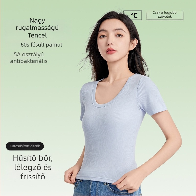 Női antibakteriális rövid ujjú T-shirt, Tencel-pamut keverék, egyszínű, kerek nyakú, karcsú szabás, nyári top