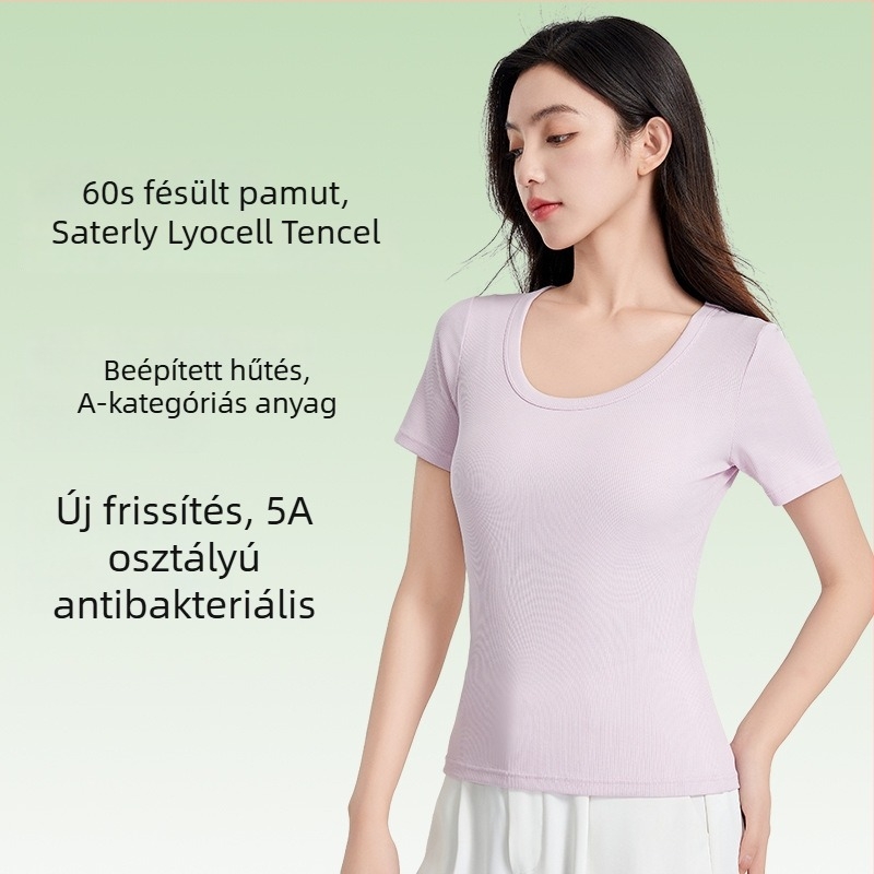 Női antibakteriális rövid ujjú T-shirt, Tencel-pamut keverék, egyszínű, kerek nyakú, karcsú szabás, nyári top
