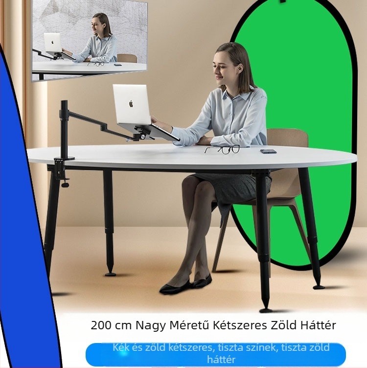 Kétszínű, összecsukható hátterű panel zöld szövetből portréfotózásra és videófelvételekhez; egyik oldalon zöld, másik oldalon kék háttér; méret 50 cm, kinyitva 100×150 cm; anyag: poliészter-pamut.