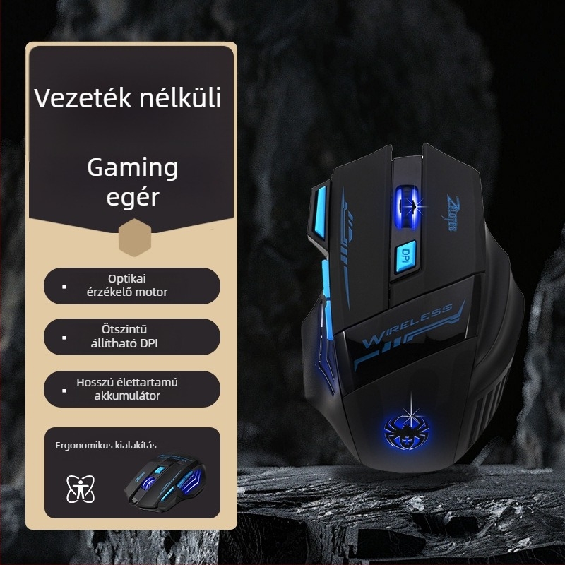 Világító vezeték nélküli gamer egér, 6 gombos, ergonómikus, 4800 DPI, hosszú üzemidejű akkumulátor