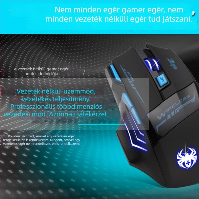 Világító vezeték nélküli gamer egér, 6 gombos, ergonómikus, 4800 DPI, hosszú üzemidejű akkumulátor