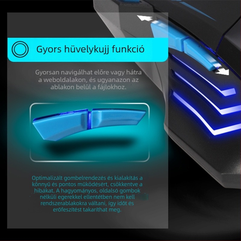 Világító vezeték nélküli gamer egér, 6 gombos, ergonómikus, 4800 DPI, hosszú üzemidejű akkumulátor