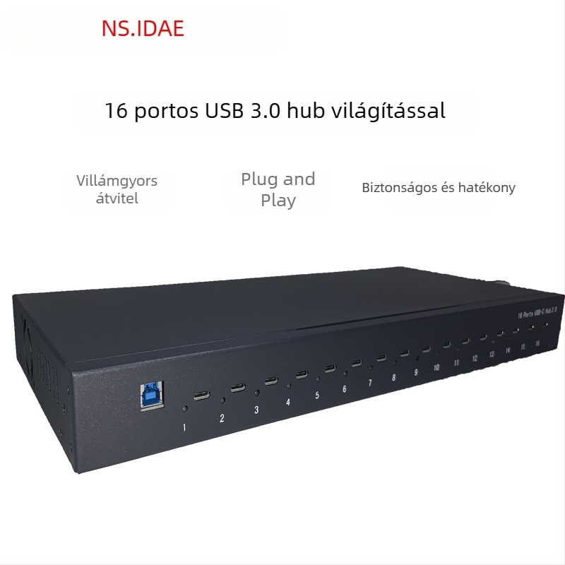 16-portos Type-C rack-hub – bővítés, többprotokolos elosztó, nagy sebességű USB-C hub