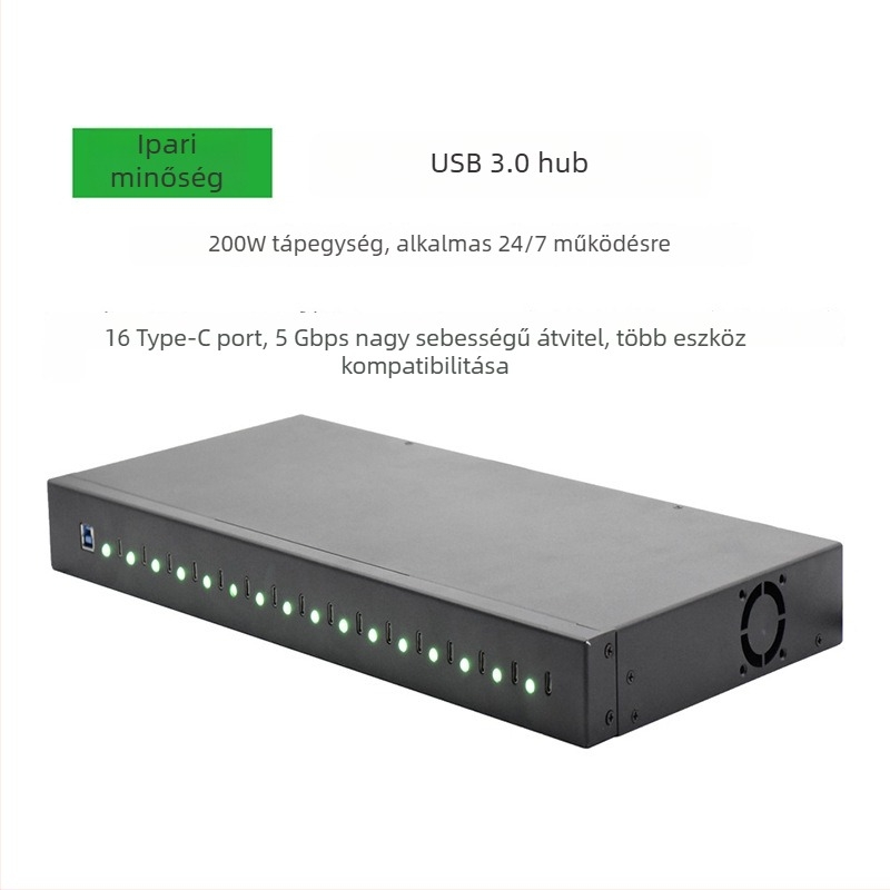 16-portos Type-C rack-hub – bővítés, többprotokolos elosztó, nagy sebességű USB-C hub