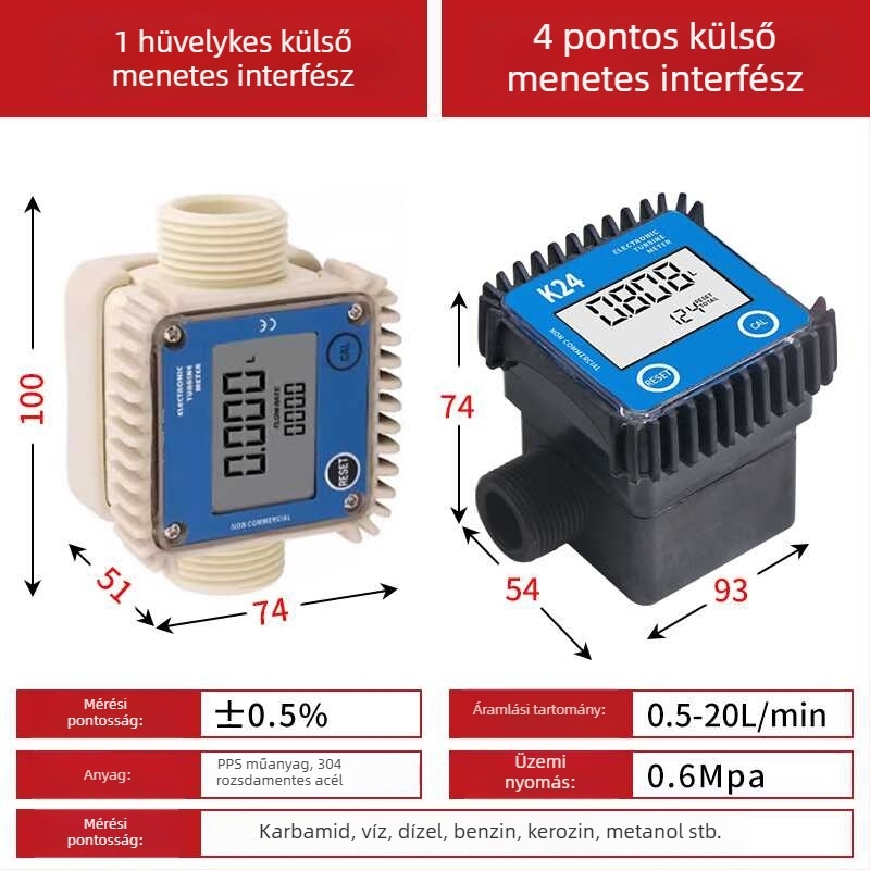 K24 mikroáramlásmérő dízelhez, benzinhez, metanolhoz és vízhez, elektronikus vízórával és digitális kijelzővel