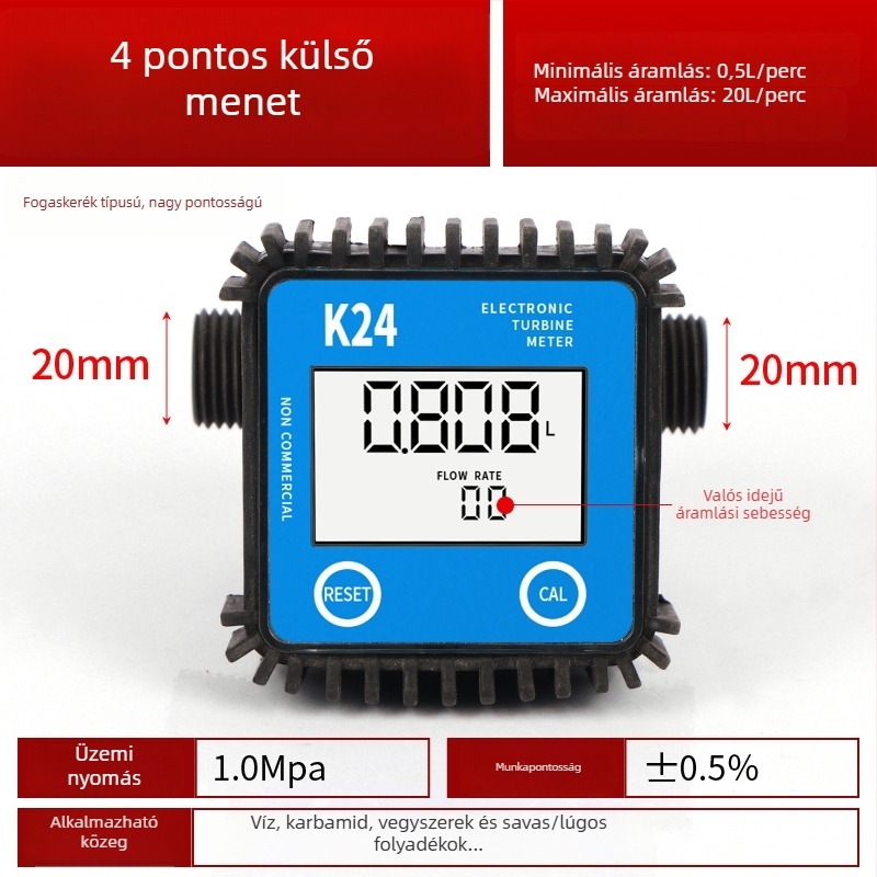 K24 mikroáramlásmérő dízelhez, benzinhez, metanolhoz és vízhez, elektronikus vízórával és digitális kijelzővel