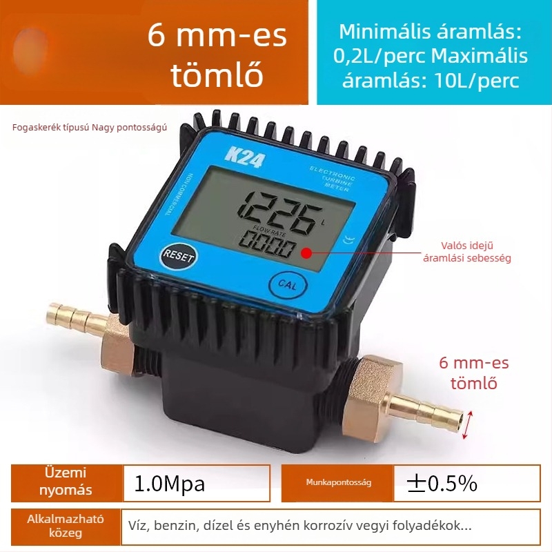 K24 mikroáramlásmérő dízelhez, benzinhez, metanolhoz és vízhez, elektronikus vízórával és digitális kijelzővel
