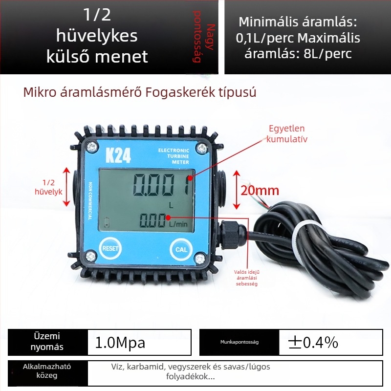 K24 mikroáramlásmérő dízelhez, benzinhez, metanolhoz és vízhez, elektronikus vízórával és digitális kijelzővel