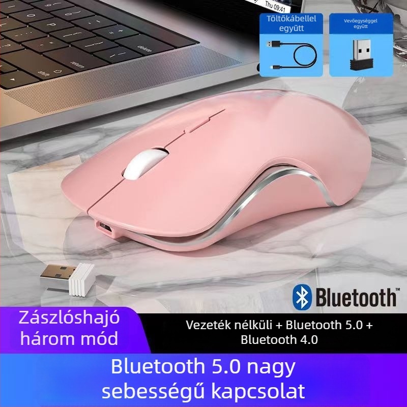 Csendes vezeték nélküli egér, újratölthető, Bluetooth és 2.4G kétmódú kapcsolattal, Morandi Macaron színben, játékokra és irodába