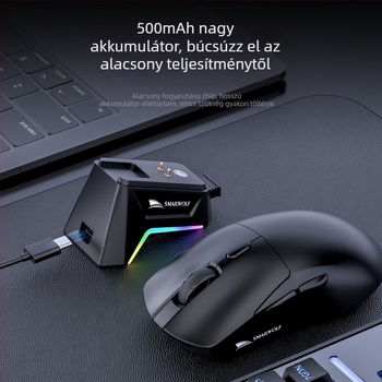 Smail Wolf M3 vezeték nélküli gamer egér három üzemmóddal, töltő dokkolóval, asztali számítógépekhez és laptopokhoz