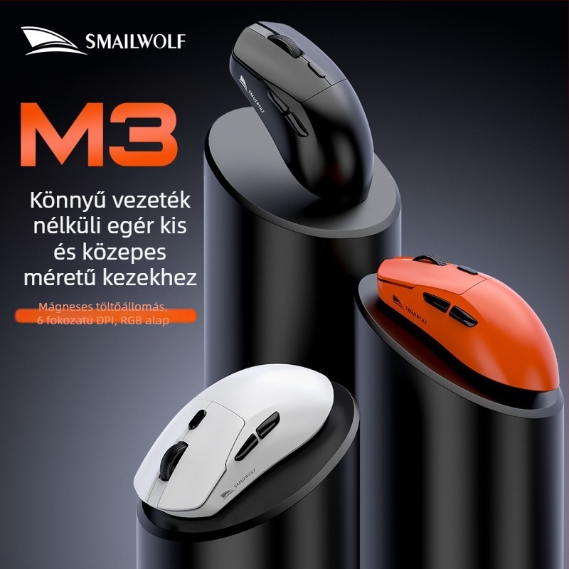 Smail Wolf M3 vezeték nélküli gamer egér három üzemmóddal, töltő dokkolóval, asztali számítógépekhez és laptopokhoz