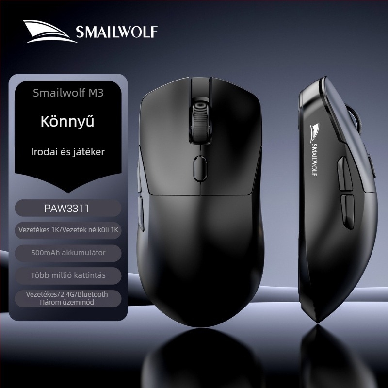 Smail Wolf M3 vezeték nélküli gamer egér három üzemmóddal, töltő dokkolóval, asztali számítógépekhez és laptopokhoz