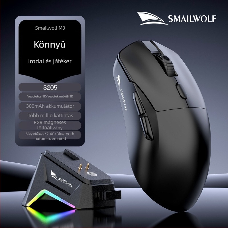 Smail Wolf M3 vezeték nélküli gamer egér három üzemmóddal, töltő dokkolóval, asztali számítógépekhez és laptopokhoz