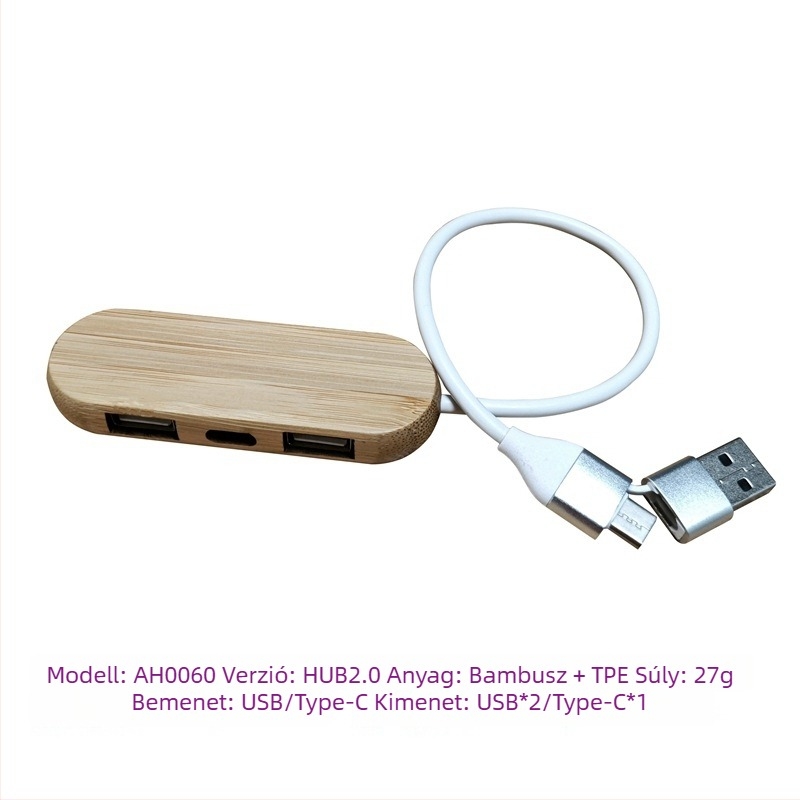 Type-C bővítő dokkoló bambuszból - USB 4-portos hub, bemenet 1, kimenet 4