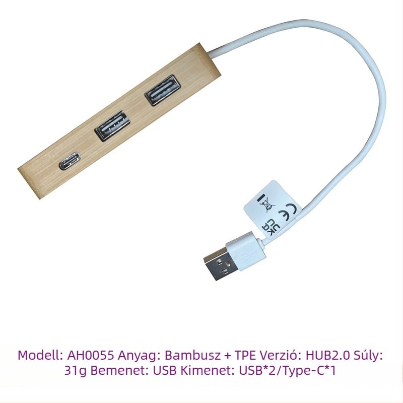 Type-C bővítő dokkoló bambuszból - USB 4-portos hub, bemenet 1, kimenet 4