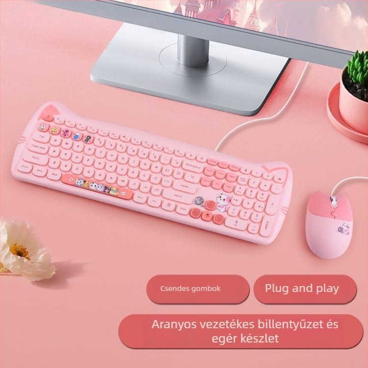 Milk Tea színű vezetékes billentyűzet és egér készlet, Kitty-stílusú halk egér