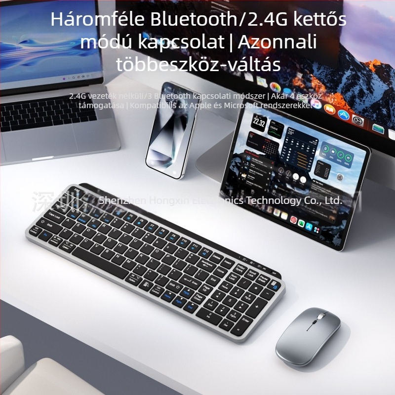 Vezeték nélküli egér és billentyűzet három üzemmódú és kettős kapcsolódással, kompatibilis laptopokkal, asztali számítógépekkel, tabletekkel és okostelefonokkal