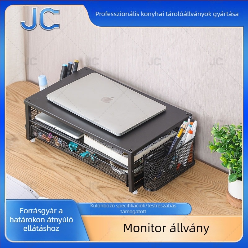 Irodai számítógép-emelt állvány vas hálós asztali tárolóval és monitorállvánnyal