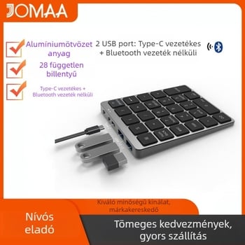 28‑gombos számítógépes billentyűzet alumíniumötvözetből, kettős módban vezetékes és vezeték nélküli kapcsolódással, HUB töltéssel, pénzügyi jelszavak bevitelére szolgáló eszköz