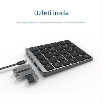 28‑gombos számítógépes billentyűzet alumíniumötvözetből, kettős módban vezetékes és vezeték nélküli kapcsolódással, HUB töltéssel, pénzügyi jelszavak bevitelére szolgáló eszköz