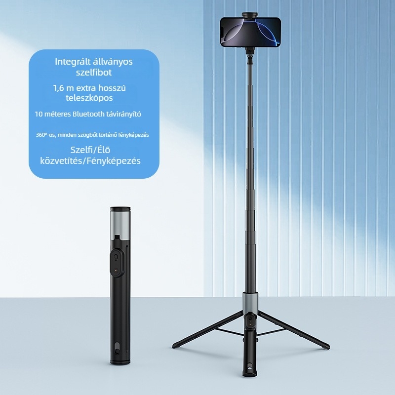Bluetoothos telefonos selfie bot kézi stabilizátorral, padlóra álló teleszkópos rúddal és állvánnyal élő közvetítéshez