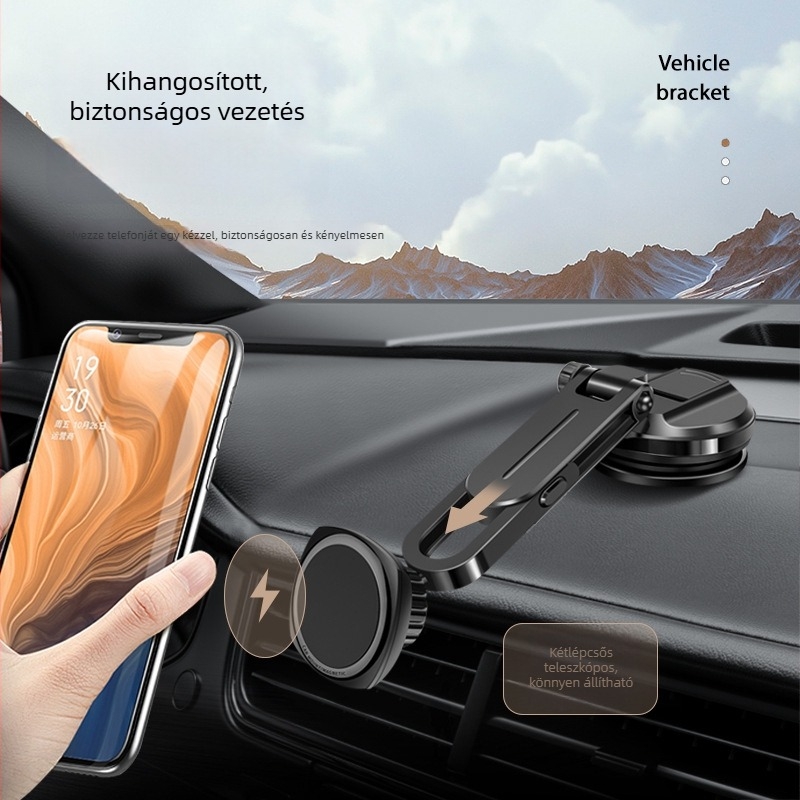Új autós telefon-tartó hat erős mágnessel, teleszkópos karral, szívófejjel és ragasztó alappal