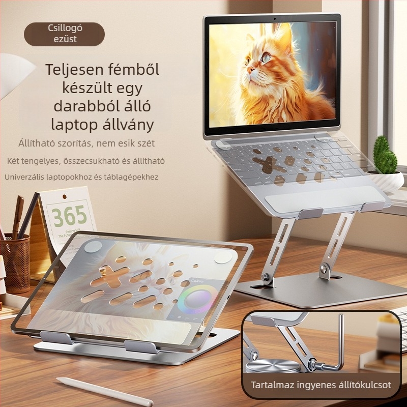 MAGICS Q21 Teljesen fémes, 360°-ban forgó tabletta- és laptop-tartó, hőelvezetéssel, hordozható asztali állvány