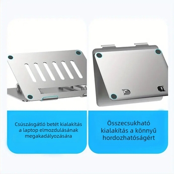 Laptop állvány alumínium ötvözetből, összecsukható, magasságállítható, hőelvezető keret, asztali felfüggesztésű tartó