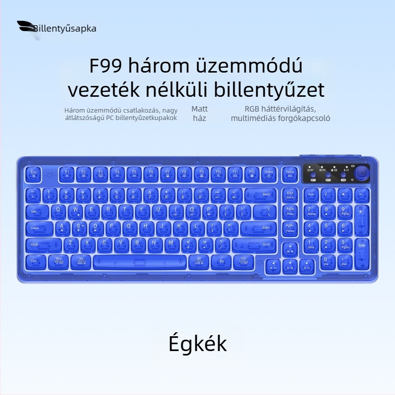 Vezeték nélküli Bluetooth billentyűzet RGB háttérvilágítással, három üzemmódban töltés, 88–98 gomb, gömb alakú átlátszó színű billentyűk játékhoz, irodához és tablethez