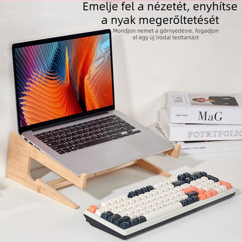 Szilárdfa laptophoz készült állítható magasságú függőleges hűtőállvány, emelt asztali tároló és nyaki támasz