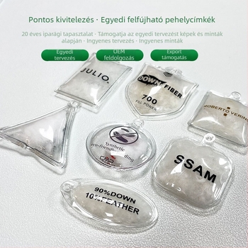 Személyre szabott selyem feltöltő logó címke, átlátszó fehér kacsa tollakkal, PVC töltőtasak
